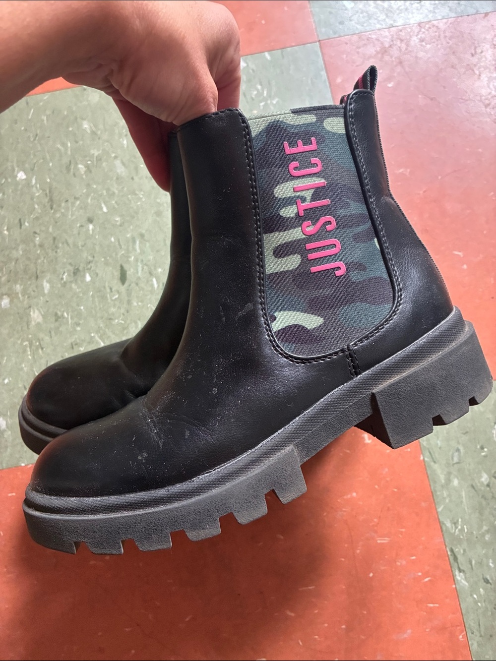 Justice Black Chelsea Boots with Green Camo and Pink Logo